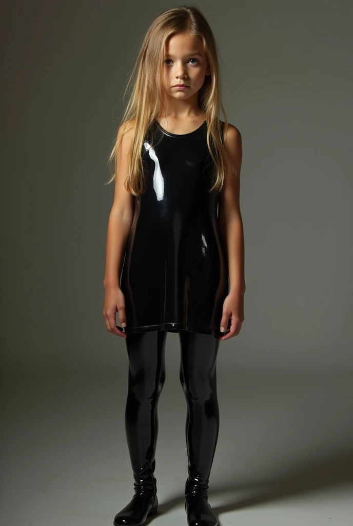 11 yerars old girl in a latex dress underneath her leggings