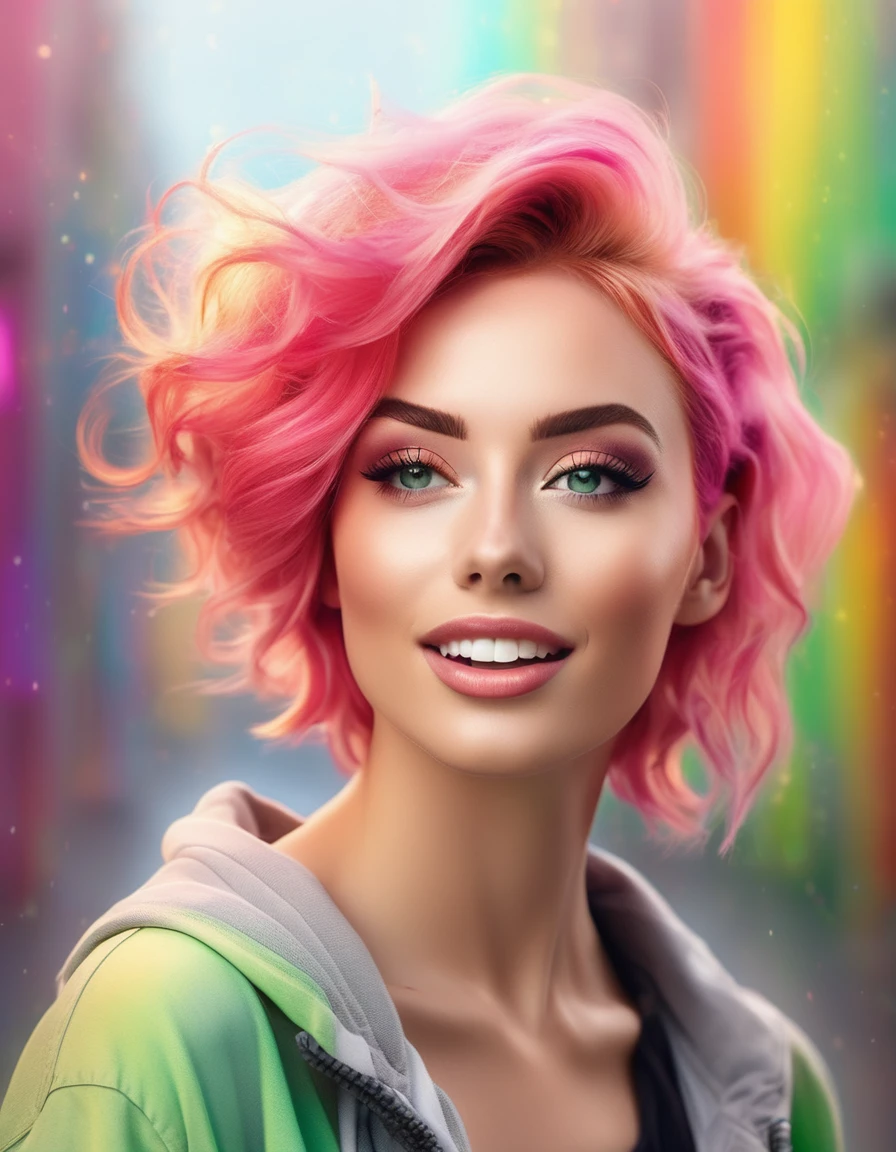 Close-up portrait of a stunning woman with vibrant pink hair, youthful mood, expressive green eyes, and natural makeup, dynamic pose, looking up with her charming upturned face, seductive semi-opened mouth, perfect teeth, standing against a blurred gray background, surrounded by colorful rainbow particles and standing in a modern urban environment. The image is highly detailed and professionally color graded, with soft diffused light and muted colors.