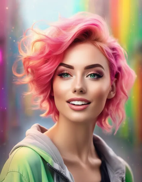 close-up portrait of a stunning woman with vibrant pink hair, youthful mood, expressive green eyes, and natural makeup, dynamic ...