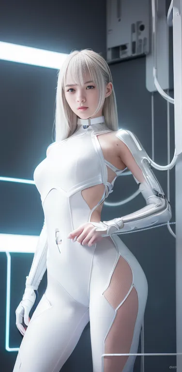 masterpiece、((white leotard))、 ((plug suit)), ((beautiful girl:1.2))、body-fitting mecha leg rack metallic suit、are standing、tied...