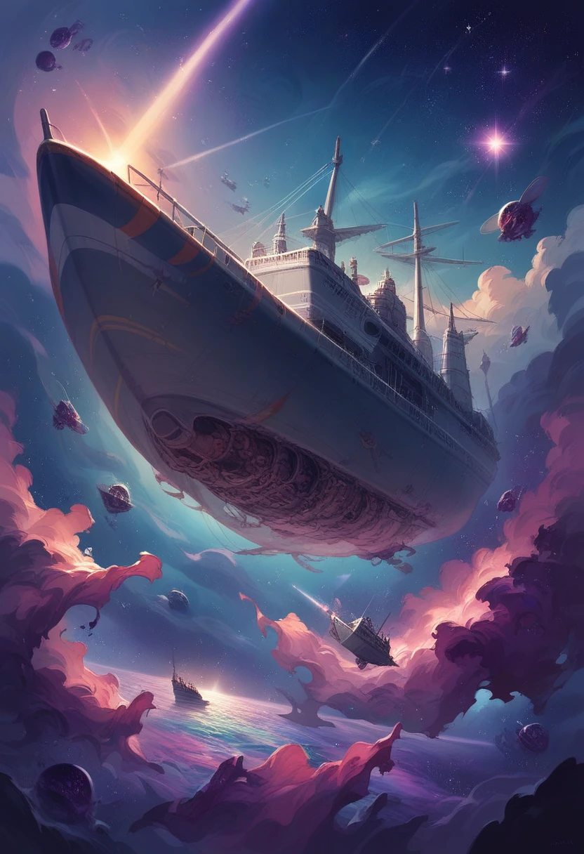 A titanic spaceship, flying through space, In the middle of this a cosmic horror creature similar to a sharp multi-legged insect, ripped the outside of the ship, is outside the ship, in space many bodies, Soldiers and scientists floating in the void