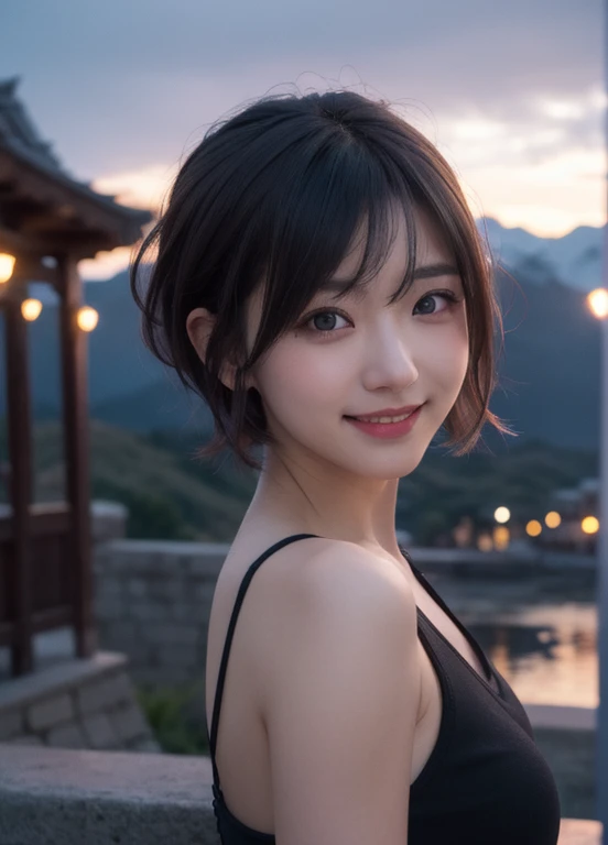 Cheap Port, Upper Body, smile, blush, Outdoor, Day, Simple Background, blue null, short hair, null, Temple, View your viewers, stage, Mountain, Moody lighting, In-person audience,