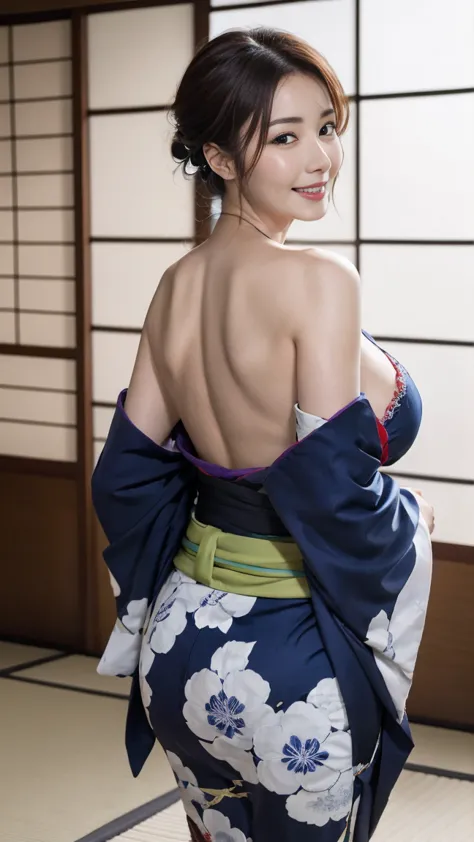 mature attractive sexy woman,50 years old, ((kimono)),(((kimono))),shut,((big breasts:1.2)),(facial wrinkles:1.3),light makeup,l...