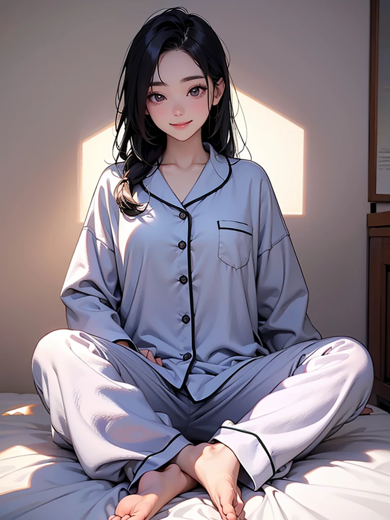 girl, black eye, warm, relax, beautiful, Calm, A light smile、pajamas、