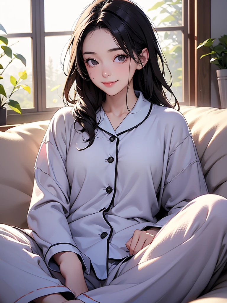 girl, black eye, warm, relax, beautiful, Calm, A light smile、pajamas、