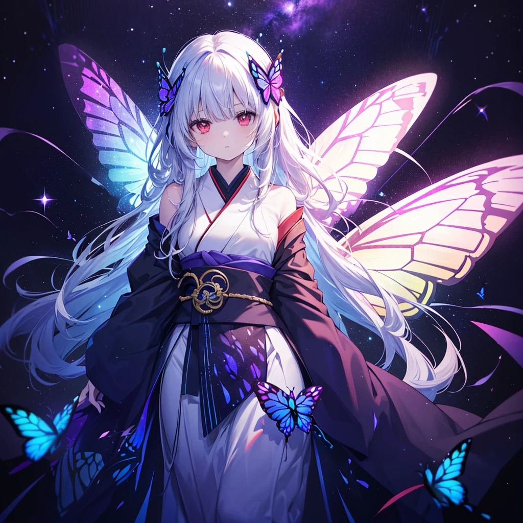 One woman,Archangel((Galaxy Wings,butterfly,Infinite depth,grow,very mysterious,Close-up)) background(Cyber World) Serious expression,Looking diagonally upwards, pure white long hair,Red eyes blowing in the wind,ネオンカラーとても輝いている butterfly,Super Mysterious Japanese Anime Style