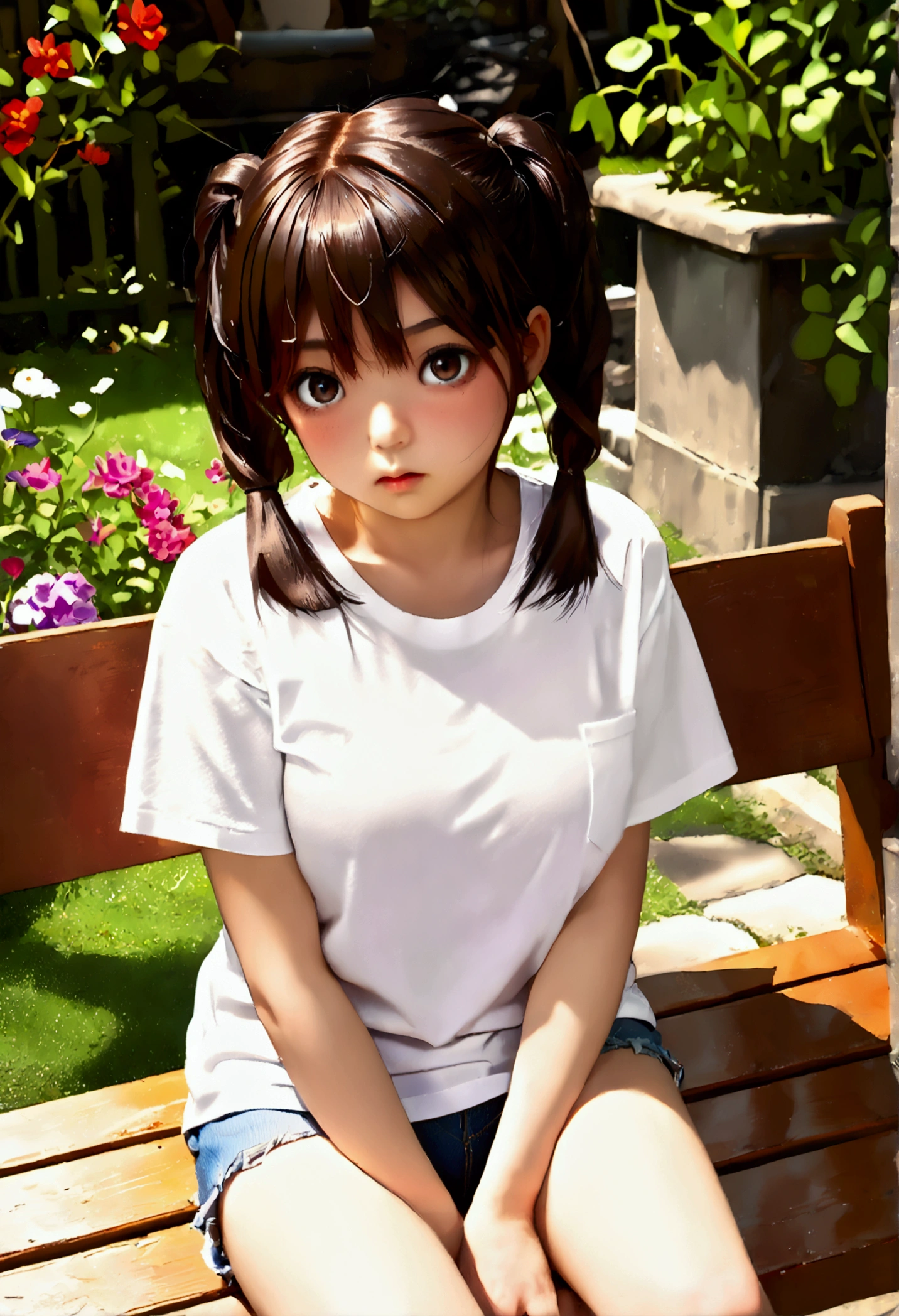 (nsfw:1.5)((Droopy eyes)),(((Twin tails))),Dark brown hair,Big Eyes_Black,Baby Face,round face,8k wallpaper, (shape:0.8), (Beautiful attention to detail:1.6), Highly detailed face, Perfect lighting, Extremely detailed CG, (Perfect hands, Perfect Anatomy),White T-shirt,hot pants,garden,Sitting on a bench,I'm a little angry,