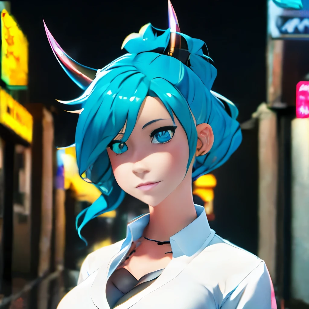 Anime girl with blue hair and horns on a street, 3D realistic anime, 2. 5 d cgi anime fantasy artwork, anime style 3d, anime style. 8k, 4k anime style, 3d style realistic anime, deviantart artstation cgscosiety, digital anime art, guweiz style art art, detailed digital anime art, white shirt, dragon wings