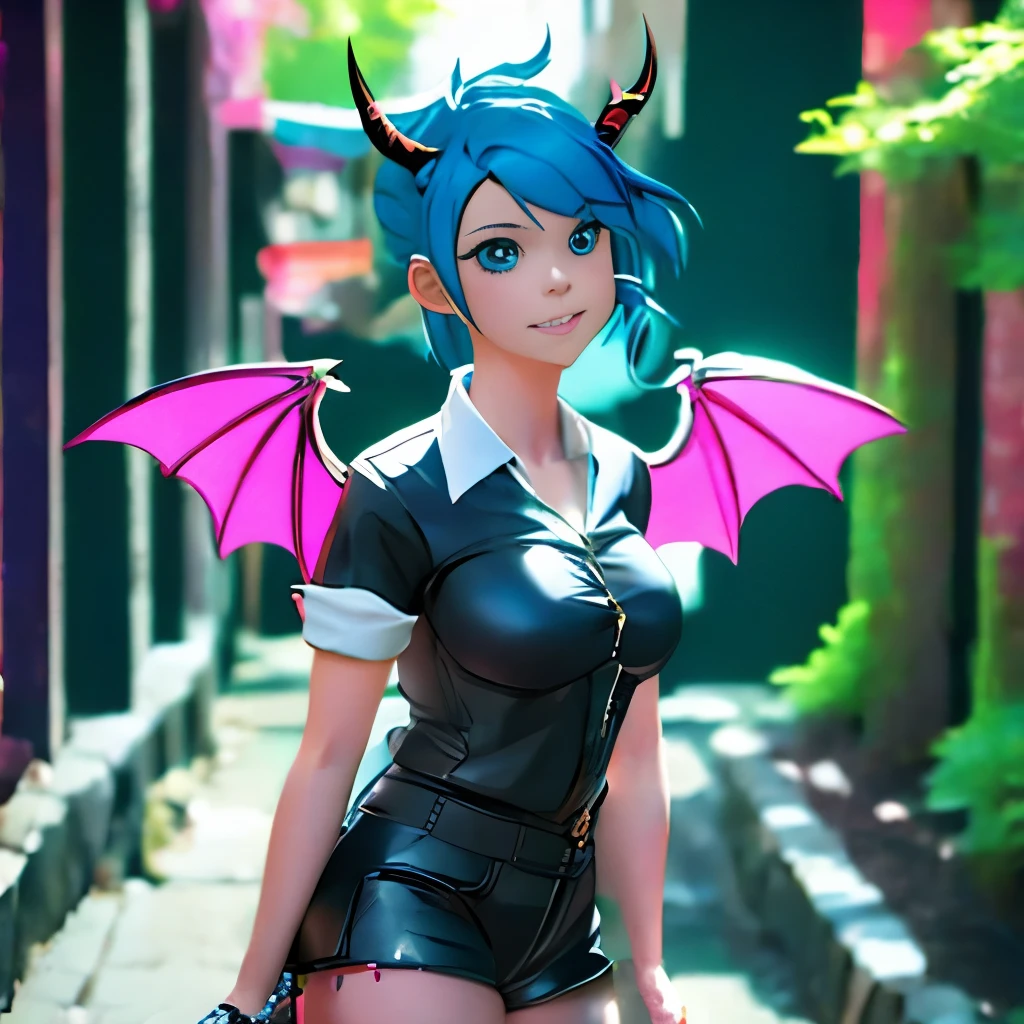 Anime girl with blue hair and horns on a street, 3D realistic anime, 2. 5 d cgi anime fantasy artwork, anime style 3d, anime style. 8k, 4k anime style, 3d style realistic anime, deviantart artstation cgscosiety, digital anime art, guweiz style art art, detailed digital anime art, white shirt, dragon wings