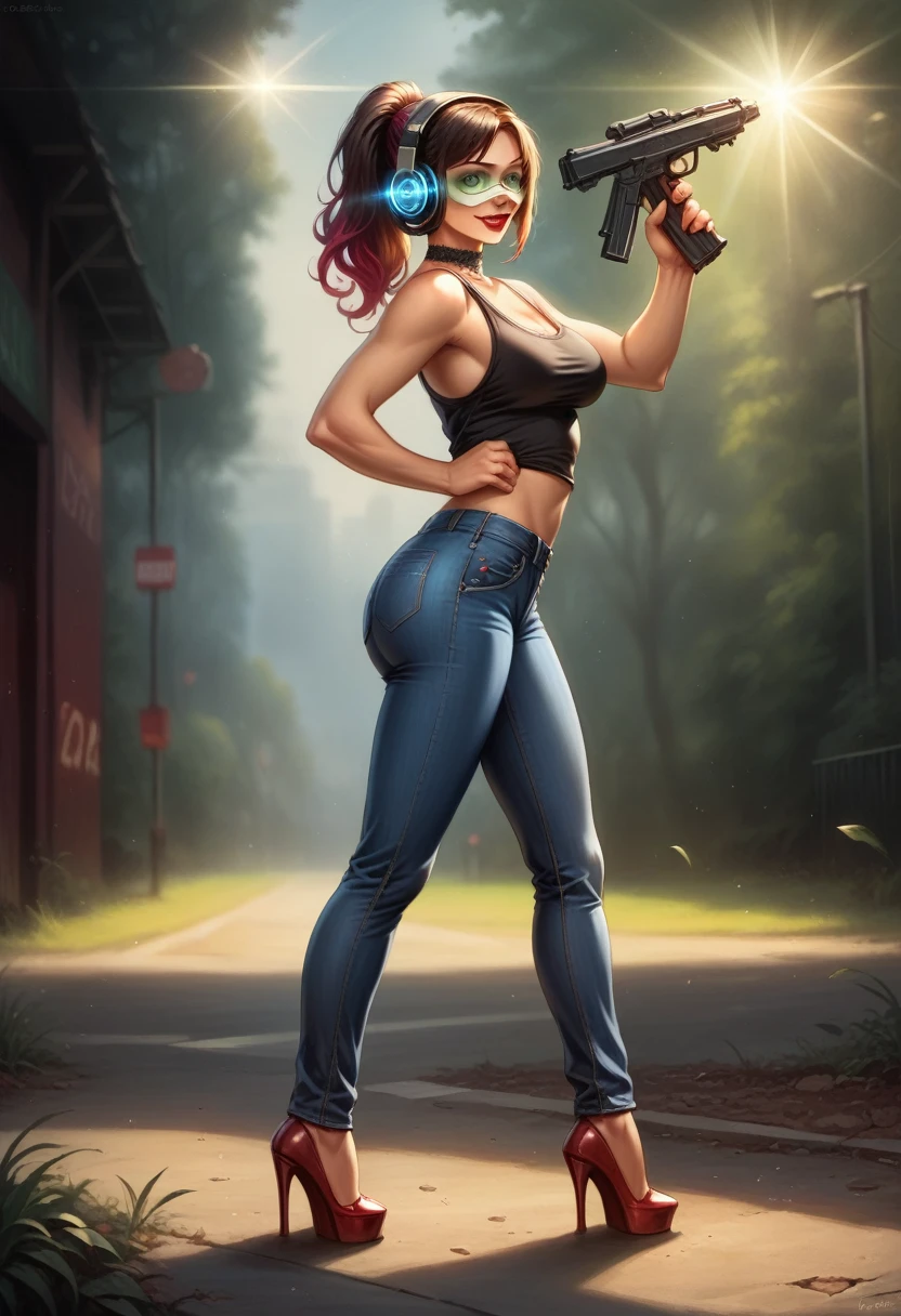 ((shooting gun)),((target practice, shooting range:1.4)).(sultry eyes, flirty smile:1.2).(ultra realistic illustration:1.3).Sexy 23yo French woman, dyed red hair, green eyes. fit, natural perky breasts, perfect round ass, (suntan). (bangs, long hair:0.8), red lipstick, ponytail, ((safety goggles, headphones)), choker, lace tank top, jeans, high heels. Masterpiece, best quality,(highly detailed:1.2),(detailed face and eyes:1.2), 8k wallpaper, depth of field, natural lighting. core shadows, high contrast, bokeh.(rule of thirds), cinematic, atmospheric, contrast, intricate,