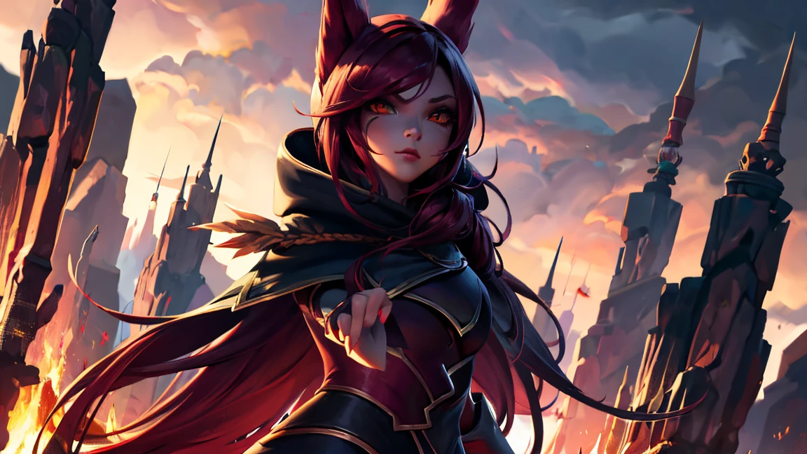 1 girl, xayah, League of Legends, fail, xayah cape,Xayah Hoodie, red hair, Orange eyes, Serious expression, Intense glare, looking up at the audience,standing, (sexy pose), ​masterpiece, Extreme detail CG Unity 8K wallpaper, best quality, 32K, Focus clear, opening, empty field