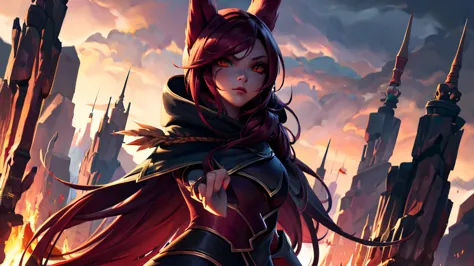 1 girl, xayah, league of legends, fail, xayah cape,xayah hoodie, red hair, orange eyes, serious expression, intense glare, looki...