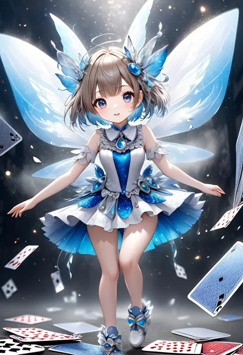 beautiful and cute playing card spirit fairies, playing card costumes, awkward mechanical movements, marching playing card soldi...