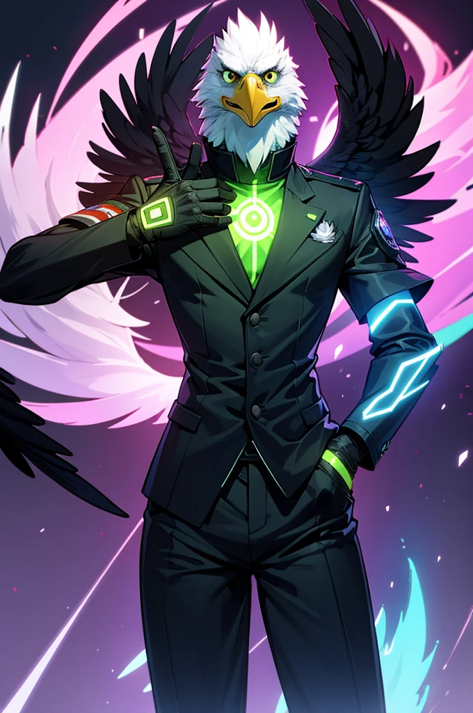 a person with the face or head of an eagle with fire eyes ,neon green glowing in a full suit and purple gloves 2d