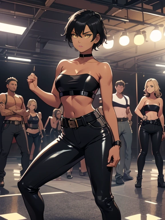 Photorealistic Image of Gorgeous 26 Years Old woman with Athletic Body, (Short Black Hair), (Yellow eyes), (One Person), (Black Leather Jacket, Strapless Black Tube-Top, Black Tight Pants and White Belt:1.4), (Tan bronze Skin:1.4), (Detailed Shiny Appearance:1.4), (Snarky Expression), Deep Cleavage, (Midriff), (Dynamic Pose:1.4), (Indoors, at a rave, Nightclub:1.4), Centered, (Full Body Shot), (From Front Shot), Insane Details, Intricate Face Detail, Intricate Hand Details, Cinematic Shot and Lighting, Realistic Colors, Masterpiece, Sharp Focus, Ultra Detailed, Taken with DSLR camera, Realistic Photography, Depth of Field, Incredibly Realistic Environment and Scene, Master Composition and Cinematography
