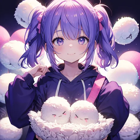 one woman,young,((holding with both hands,close-up,large rice balls)) twin tails,pink mouth open,smile blue hoodie