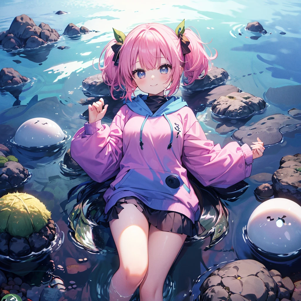 One woman,Young,((Holding with both hands,Close-up,Large Seaweed Rice Ball)) Twin tails,Pink Mouth Open,Smile Blue Hoodie