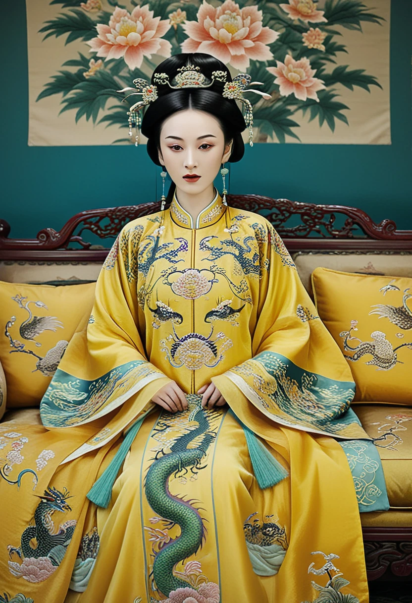 A gorgeous empress from the Chinese imperial court during the Qing Dynasty on a large yellow dragon embroidered sofa