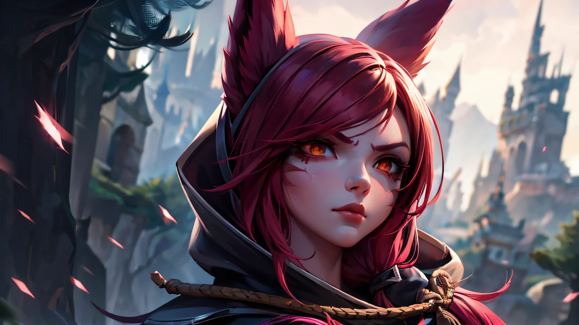 1 girl, xayah, League of Legends,((naked)), upper body, xayah cape,Xayah Hoodie, red hair, Orange eyes, Serious expression, Intense glare, looking up at the audience,standing, (sexy pose), ​masterpiece, Extreme detail CG Unity 8K wallpaper, best quality, 32K, Focus clear, opening, empty field