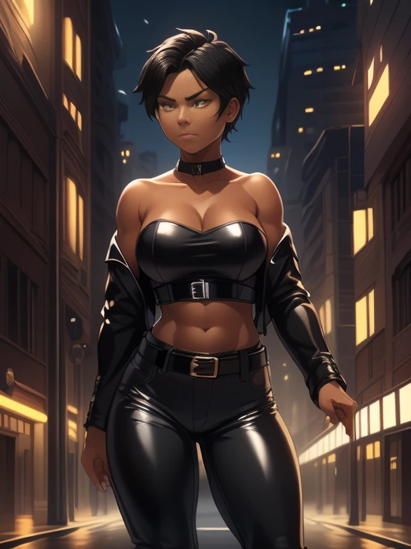 Photorealistic Image of Gorgeous 26 Years Old woman with Athletic Body, (Short Black Hair), (Yellow colored irises), (One Person), (Black Leather Jacket, Strapless Black Tube-Top, Black Tight Pants and White Belt:1.4), (Tan bronze Skin:1.4), (Detailed Shiny Appearance:1.4), (Snarky Expression), Deep Cleavage, (Midriff), (Dynamic Pose:1.4), (Empty City at Night:1.4), Centered, (Full Body Shot), (From Front Shot), Insane Details, Intricate Face Detail, Intricate Hand Details, Cinematic Shot and Lighting, Realistic Colors, Masterpiece, Sharp Focus, Ultra Detailed, Taken with DSLR camera, Realistic Photography, Depth of Field, Incredibly Realistic Environment and Scene, Master Composition and Cinematography
