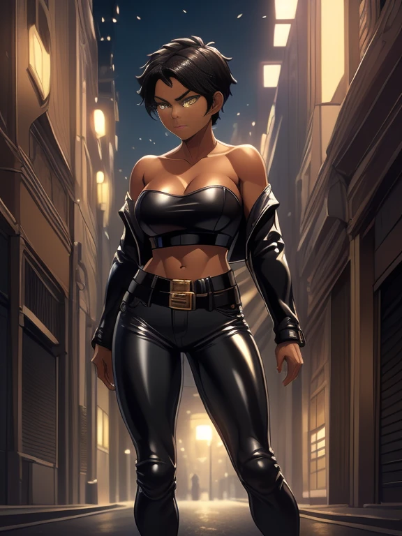 Photorealistic Image of Gorgeous 26 Years Old woman with Athletic Body, (Short Black Hair), (Yellow colored irises), (One Person), (Black Leather Jacket, Strapless Black Tube-Top, Black Tight Pants and White Belt:1.4), (Tan bronze Skin:1.4), (Detailed Shiny Appearance:1.4), (Snarky Expression), Deep Cleavage, (Midriff), (Dynamic Pose:1.4), (Empty City at Night:1.4), Centered, (Full Body Shot), (From Front Shot), Insane Details, Intricate Face Detail, Intricate Hand Details, Cinematic Shot and Lighting, Realistic Colors, Masterpiece, Sharp Focus, Ultra Detailed, Taken with DSLR camera, Realistic Photography, Depth of Field, Incredibly Realistic Environment and Scene, Master Composition and Cinematography
