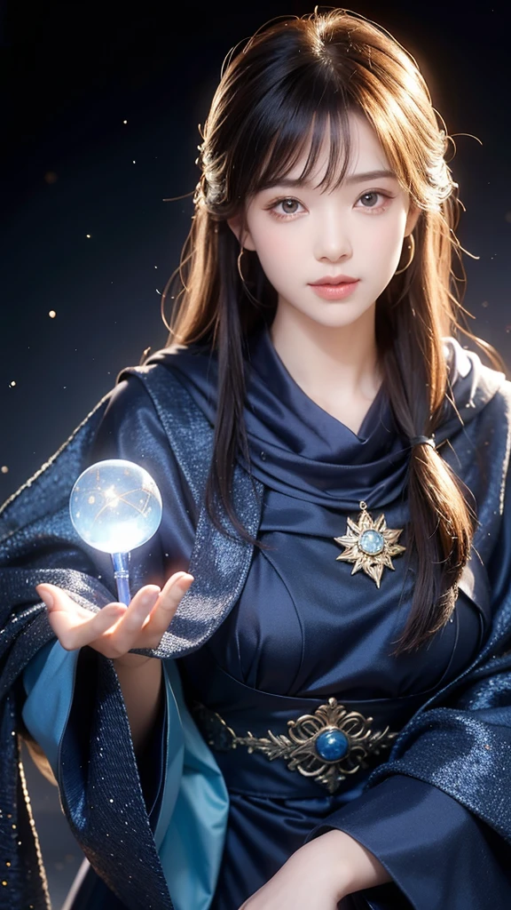 ((facing front:1.5)),Female fortune teller. Attractive, beautiful and mysterious. She wears a blue cloak and has distinct features. The atmosphere is bright and sparkling, full of anxiety and anticipation. A fortune teller is standing there. The body is facing forward. he is looking at you He holds a crystal ball in his right hand. The lighting in the room is bright, creating a magical atmosphere. Best picture quality, 4k or 8k resolution. The level of detail is very detailed and realistic, close to photorealism. Artistic style should reflect an official aesthetic with bright colors and strong contrasts. The color palette should emphasize the mystical and mystical theme of the work. The fortune teller's cloak is decorated with metal edging with a thickness ratio of 1.5 and intricate designs. The overall atmosphere is magical, like a starry sky. The expression on the fortune teller's face should arouse mystical interest.