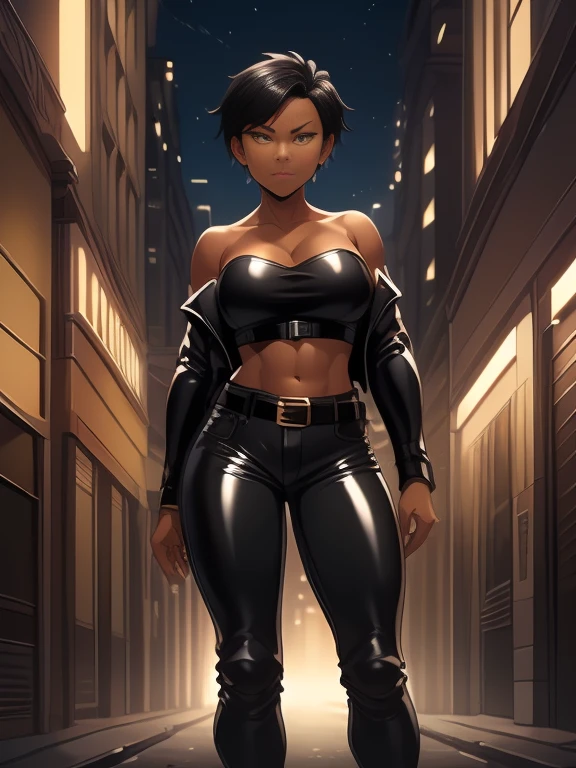 Photorealistic Image of Gorgeous 26 Years Old woman with Athletic Body, (Short Black Hair), (Yellow colored irises), (One Person), (Black Leather Jacket, Strapless Black Tube-Top, Black Tight Pants and White Belt:1.4), (Tan bronze Skin:1.4), (Detailed Shiny Appearance:1.4), (Snarky Expression), Deep Cleavage, (Midriff), (Dynamic Pose:1.4), (Empty City at Night:1.4), Centered, (Full Body Shot), (From Front Shot), Insane Details, Intricate Face Detail, Intricate Hand Details, Cinematic Shot and Lighting, Realistic Colors, Masterpiece, Sharp Focus, Ultra Detailed, Incredibly Realistic Environment and Scene, Master Composition and Cinematography
