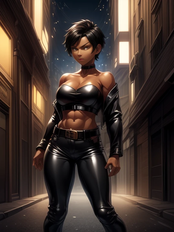 Photorealistic Image of Gorgeous 26 Years Old woman with Athletic Body, (Short Black Hair), (Yellow colored irises), (One Person), (Black Leather Jacket, Strapless Black Tube-Top, Black Tight Pants and White Belt:1.4), (Tan bronze Skin:1.4), (Detailed Shiny Appearance:1.4), (Snarky Expression), Deep Cleavage, (Midriff), (Dynamic Pose:1.4), (Empty City at Night:1.4), Centered, (Full Body Shot), (From Front Shot), Insane Details, Intricate Face Detail, Intricate Hand Details, Cinematic Shot and Lighting, Realistic Colors, Masterpiece, Sharp Focus, Ultra Detailed, Incredibly Realistic Environment and Scene, Master Composition and Cinematography
