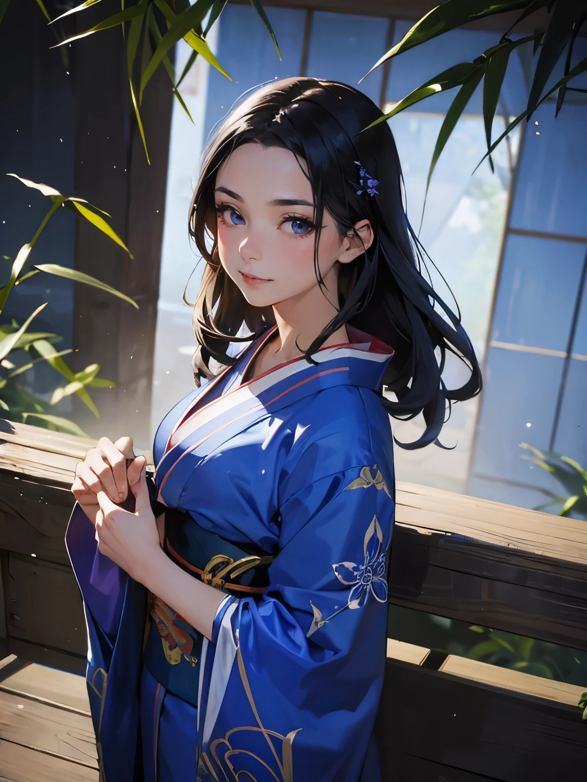 masterpiece, sexy showing lingerie(blue kimono), seductive face, good lighting, neckline, fine details, masterpiece, bright Eyes, 1 girl, black hair, bite, bamboo, Nezuko Kamado, wisteria background, masterpiece, Best Quality, point of view, whole body, Wide hips,