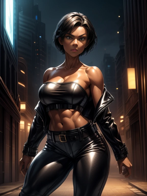 Gorgeous 26 Years Old woman with Athletic Body, (Short Black Hair), (Yellow colored irises), (One Person), (Black Leather Jacket, Strapless Black Tube-Top, Black Tight Pants and White Belt:1.4), (Tan bronze Skin:1.4), (Detailed Shiny Appearance:1.4), (Snarky Expression), Deep Cleavage, (Midriff), (Dynamic Pose:1.4), (Empty City at Night:1.4), Centered, (Full Body Shot), (From Front Shot), Insane Details, Intricate Face Detail, Intricate Hand Details, Cinematic Shot and Lighting, Realistic Colors, Masterpiece, Sharp Focus, Ultra Detailed, Incredibly Realistic Environment and Scene, Master Composition and Cinematography
