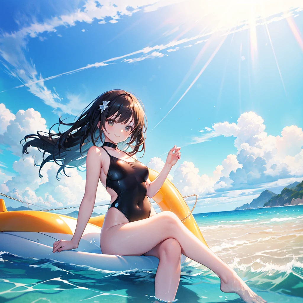 One woman,Mature,((Riding on a float,Crossing your legs,Floating on water)) Long Hair,Center Parting,Black,Shiny Smile Swimsuit,Very stylish,Mature 背景,(Sparkling sandy beaches,Ocean,Reflection on the water Big sun,cumulonimbus) Super anime style