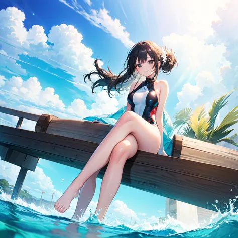 one woman,mature,((riding on a float,crossing your legs,floating on water)) long hair,center parting,black,shiny smile swimsuit,...