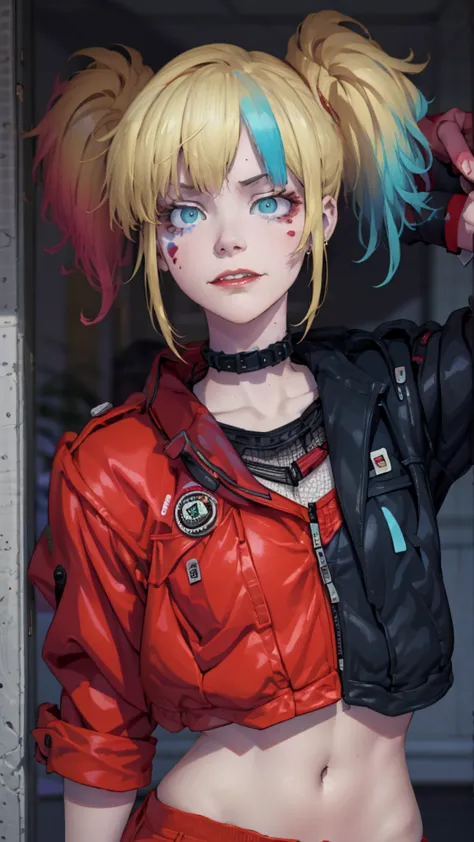 harlequin, harley quinn, fringe, blue eyes, blond hair, two tails, correct anatomy 1.1., very detailed hands, very detailed fing...