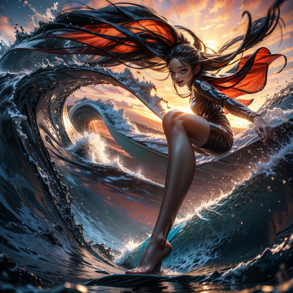 (Luminism:1.28), Side view、(TopQuality 8K Masterpiece:1.2) (ProfessionalPHOTO:1.37) Extremely Detailed (A girl standing on a surfboard riding a wave), (Colorful morning Glory Rays)、(Crouching and balancing on a Life Size surfboard:1.28), (There is Only one surfboard under her feet:1.32) Splashing water Particles Sparkling waves, Glowing Wet Hair、(Super hourglass body type)、Dynamic motion blur, Perfect Hand、(Surfing Photos:1.4) Extreme Sports Photography with action pose