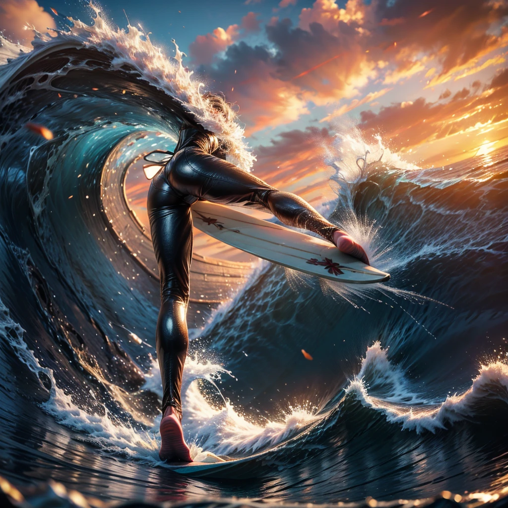 (Luminism:1.28), Side view、(TopQuality 8K Masterpiece:1.2) (ProfessionalPHOTO:1.37) Extremely Detailed (A girl standing on a surfboard riding a wave), (Colorful morning Glory Rays)、(Crouching and balancing on a Life Size surfboard:1.28), (There is Only one surfboard under her feet:1.32) Splashing water Particles Sparkling waves, Glowing Wet Hair、(Super hourglass body type)、Dynamic motion blur, Perfect Hand、(Surfing Photos:1.4) Extreme Sports Photography with action pose