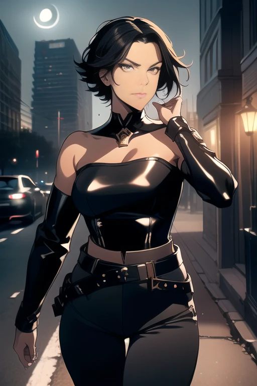 (Masterpiece, Best Quality), (A Gorgeous 26 Years Old woman), (Short Black Hair:1.4), (Tan bronze Skin:1.4), (Yellow Eyes), (Smug and Arrogant smile), (Black Leather Jacket, Strapless Black Tube-Top, Black Tight Pants and White Belt:1.4), (Snarky Expression), Deep Cleavage, (Midriff), (Dynamic Pose:1.4), (City Road at Night with Moonlight:1.6), Centered, (Waist-up Shot:1.4), From Front Shot, Insane Details, Intricate Face Detail, Intricate Hand Details, Cinematic Shot and Lighting, Realistic and Vibrant Colors, Masterpiece, Sharp Focus, Ultra Detailed, Depth of Field, Incredibly Realistic Environment and Scene, Master Composition and Cinematography, castlevania style
