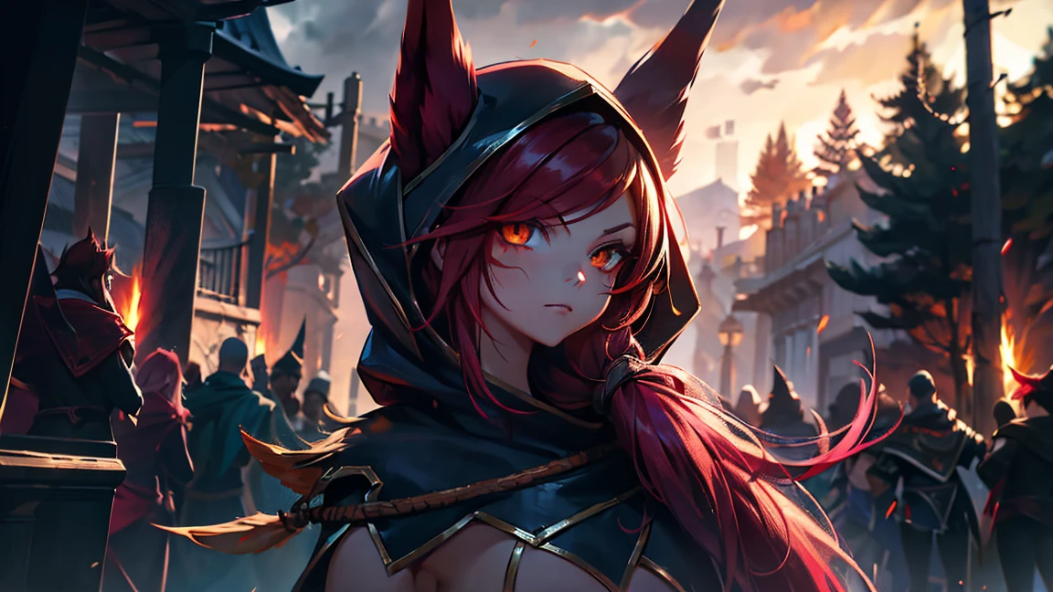 1 girl, xayah, League of Legends,((naked)), upper body, xayah cape,Xayah Hoodie, red hair, Orange eyes, Serious expression, Intense glare, looking up at the audience,standing, (sexy pose), ​masterpiece, Extreme detail CG Unity 8K wallpaper, best quality, 32K, Focus clear, opening, empty field