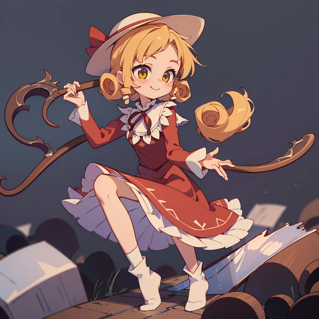 a drawing of an anime character in a red dress and boots with a large scythe, ((high end)), (UHD picture), (best quality,4k,8k,highres,masterpiece:1.2), top-quality(​masterpiece), top-quality, ultra-detailed, highly detailed texture, intricate details, high quality textures, masterpiece, best quality, perfect quality, perfect anatomy, perfect body, perfect symmetrical face, perfect hands, perfect feet, (two arms:1.2), (two legs:1.2), (five fingers each:1.2), (perfect joint:1.2), perfect joint movement, precise fingers and hands, 1 beautiful girl, 1 girl, alone, solo, , 10 years old, (((loli))), ((childish)), hat, white hat, blonde hair, long hair, parted bangs, drill hair, well-formed face, yellow eyes, maxi dress, red dress, dress, long sleeves, frills, long skirt, simple background, scythe, holding scythe, holding, white socks, smile, cute face, beautiful, holding scythe