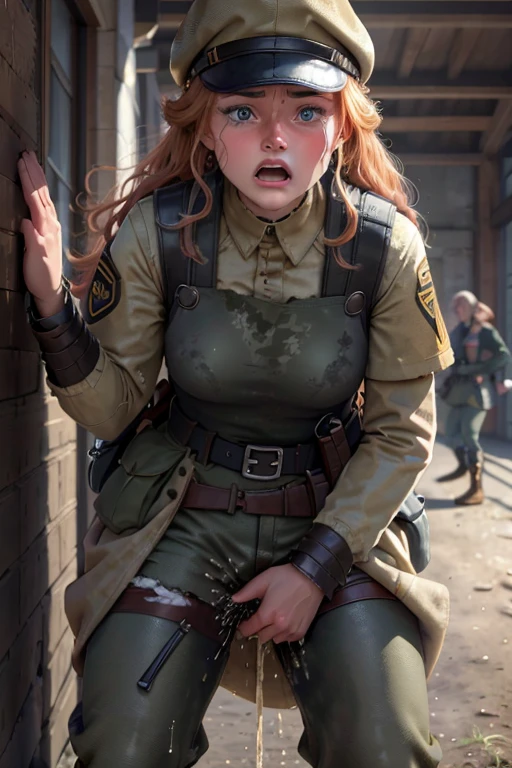 8k high resolution, best quality, dutch soldier girl, 22 years old,  curly strawberry blonde hair as a braid, decent makeup, dutch infantry uniform and Gear, dutch infantry field uniform and helmet, cowardly female recruit, standing at the battlefield, scared, shocked, eyes wide open, crying in fear, tears running down her cheeks, smeared makeup, explosion in the backround, terrified, peeing her uniform pants, pee pants accident, visible wet pants, peeing herself, cowardly, totally scared, horrified, visibly wet tight uniform pants, peestained pants, visibly wet fabric of her pants, unexperienced recruit, royal dutch army