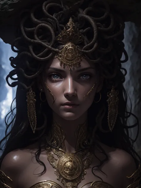 best quality, 8k, very delicate and beautiful, highly detailed face and skin texture, shiny skin, high resolution, medusa stand ...