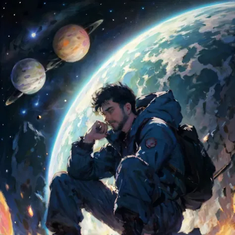 a man sitting on a rock with a backpack in front of a planet, space cowboy, ross tran style, makoto shinkai ( apex legends ), ma...