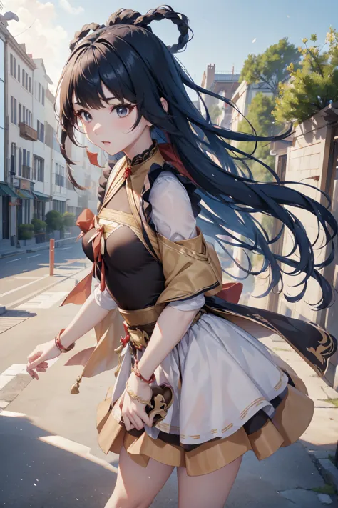 xiangling from genshin impact, low-angle shot, long skirt, holding down her skirt as it is being blown by a strong wind, the win...