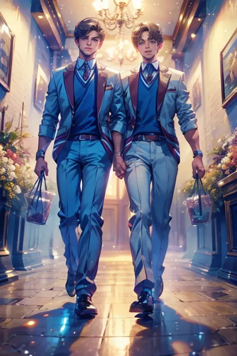 close-up look, half-body image, two handsome young male walk together, wearing university uniform, smiling, soft light, hi-quari...