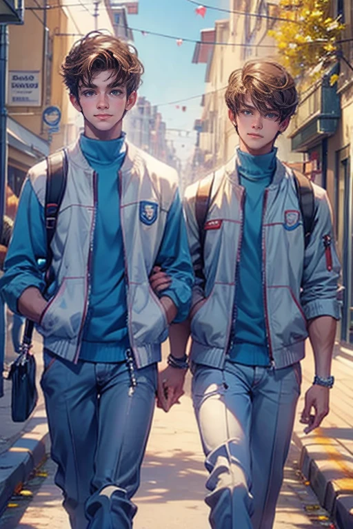 close-up look, Half-body image, two handsome young male walk together, wearing university uniform, smiling, soft light, hi-quarity, Masterpiece