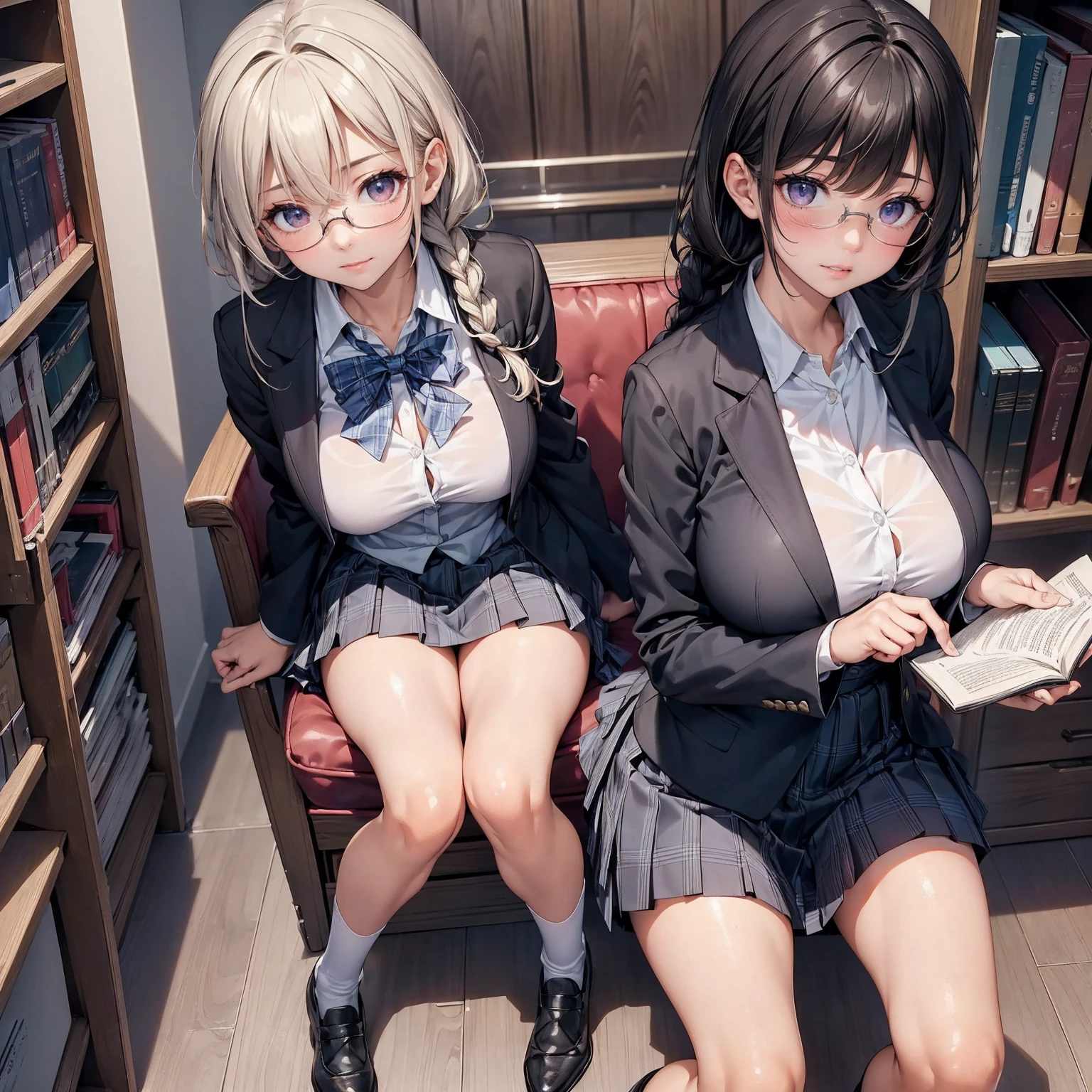 (Absurd Resolution:1.2), (ultra delicate:1.2), (masterpiece:1.2), (Photorealistic), (top-quality), BREAKA A female junior high school student wearing round glasses is reading a book surrounded by many books, BREAK (cute 1girl), (16 years old), (finely detailed eyes and finely detailed face:1.2), BREAK (ultra fine-brown-cute-eyes:1.3), (Expression ultra detailed Glitter Pupil), (ultra detailed Expression eyelashes), BREAK (ultra delicate medium length braids black hair, swept bangs), (beautiful Glossy lips), BREAK (slim body and gigantic breasts:1.3), narrow waist, leggy, curvy is body without muscles, BREAK (glossy realistic skin texture:1.2), (sweaty skin:1.0), precise anatomy, (4 defined fingers), (1 defined thumb), Happy smile, BREAK (ultra delicate school-uniform, blazer, plaid skirt, and school emblem :1.2), BREAK Seductive pose, (Crisp focus, eye focus:1.2), (full body shot, shoot from front, high angle shot), BREAK An ultra delicate rendered Library, Lots of bookshelves, Cute mouse stuffed toy, professional lighting, atmospheric artwork,