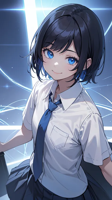 1girl, short hair, small size, black hair color, blue eyes, she wears school clothes, a white shirt, short blue skirt, and a blu...