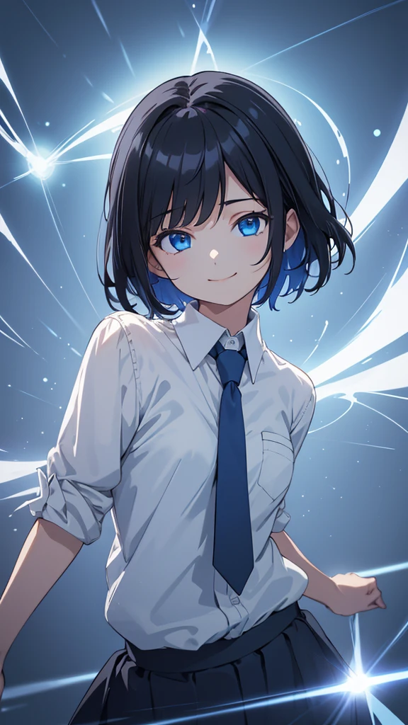 1girl, Short hair, small size, black hair color, Blue eyes, She wears school clothes, a white shirt, Short blue skirt, and a blue tie, smile, light smile, anime, cinematic lighting, first-person view, UHD, 4K,The eye gate is clear,White background