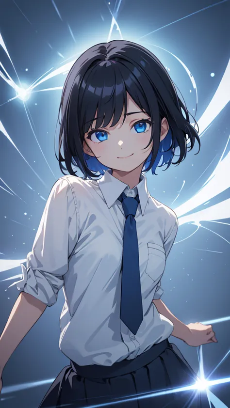 1girl, short hair, small size, black hair color, blue eyes, she wears school clothes, a white shirt, short blue skirt, and a blu...