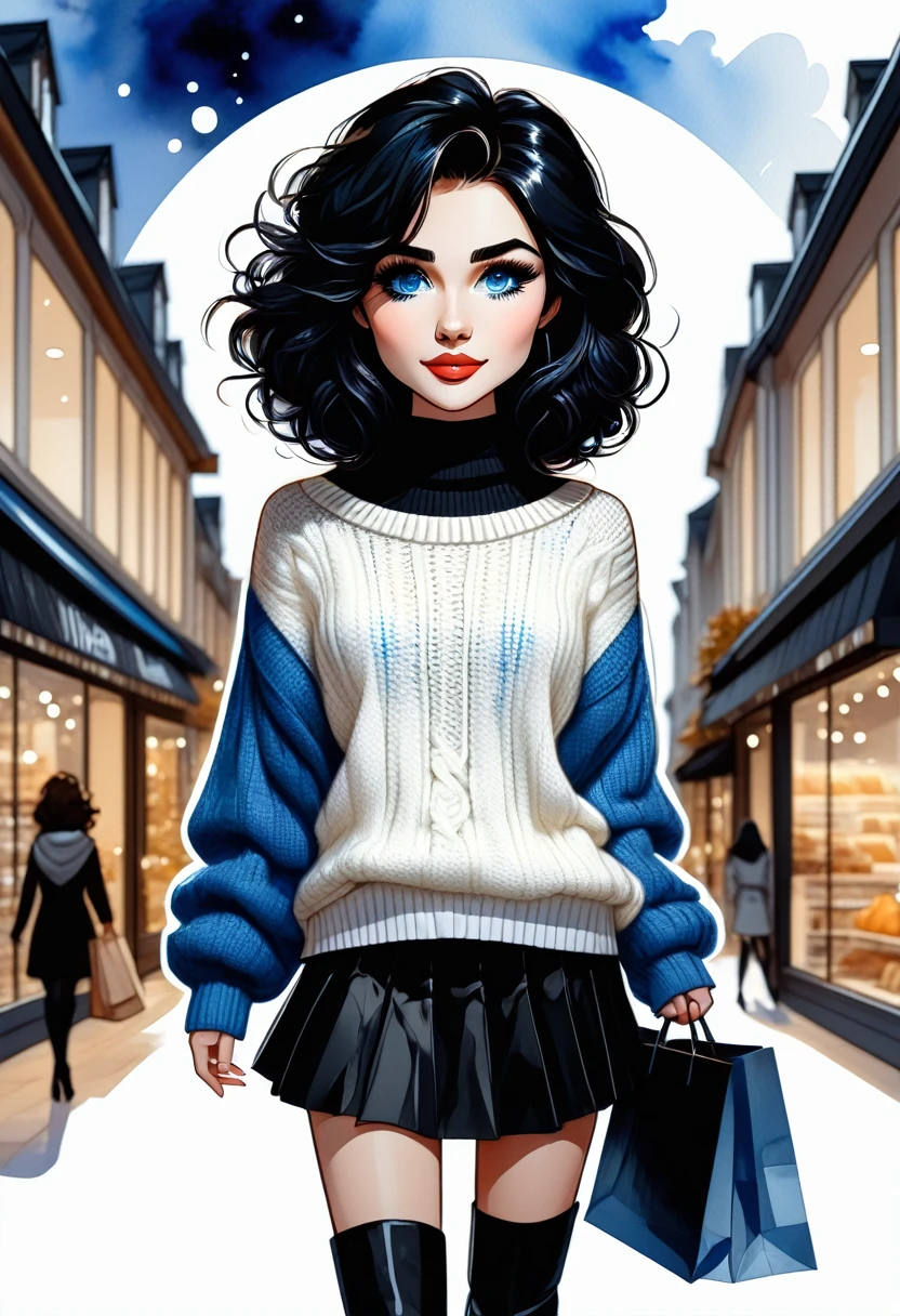 Chibi style, Masterpiece, best quality, solo representation of a woman with wavy black hair and blue eyes, looking directly at the viewer. She is wearing a white sweater paired with a black skirt and long black boots. The scene is depicted as a watercolor illustration in graphic designer style. She actively shops, surrounded by various stores and shopping bags, creating a lively and dynamic environment.