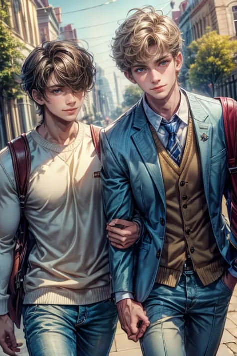 close-up look, half-body image, two handsome young male walk together, wearing university uniform, smiling, soft light, hi-quari...